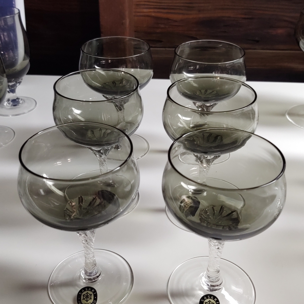 6 Noritake Sasaki Coronation Smoked Grey Champagne/Dessert Glasses. (Never Used)